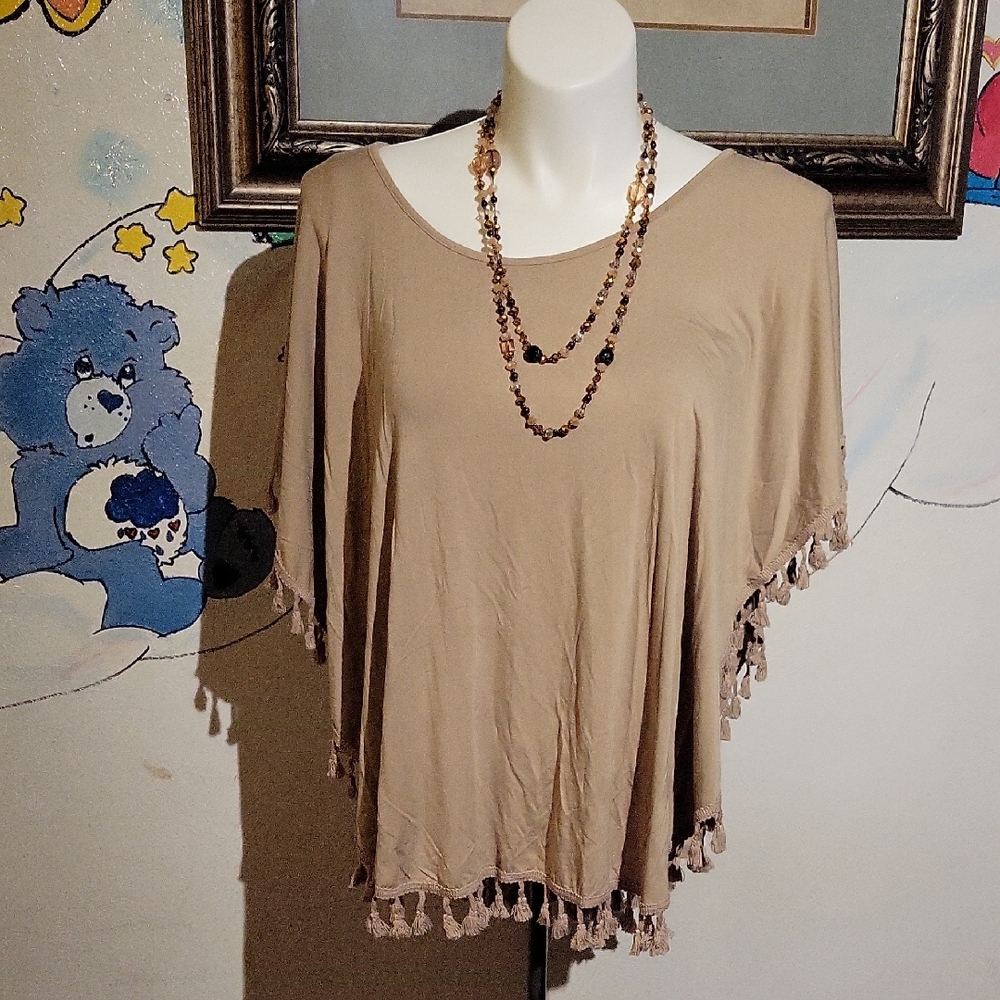 Tan Poncho Top with Tassel Trim